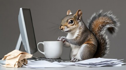 Squirrel Working on Computer with Coffee Mug in a Messy Office Environment