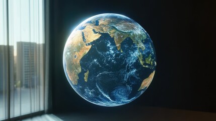 A photorealistic 3D render to view a holographic Earth, displaying live global trade data. 