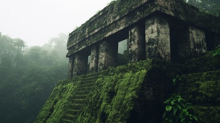 A breathtaking view of an ancient Mayan city, Tikal, with temples and pyramids covered in greenery and vegetation at dawn with soft golden light.