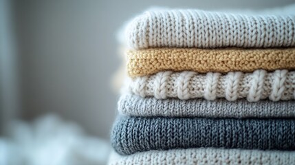 Softly lit stack of cozy neutral-toned knit sweaters. AI Generated