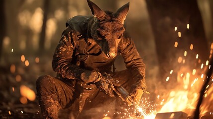 Artistic depiction of a kangaroo in a welding outfit working in a fiery workshop setting at twilight