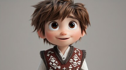 Adorable 3D Rendered Boy with Brown Hair and Knitted Vest