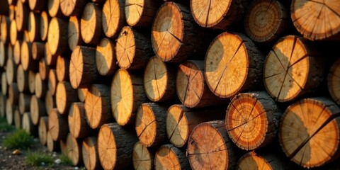 Warm Sunlight Illuminates a Stack of Circular Wooden Logs, Creating a Textured and Natural Background Image