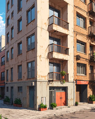 Naklejka premium Surreal Anime Art of Classic Apartment Building Left Abandoned in a Rustic and Overgrown State Background Illustration Aesthetic