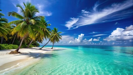 Turquoise Caribbean waters lap against white sandy beach, palm trees sway gently in ocean breeze, natural beauty