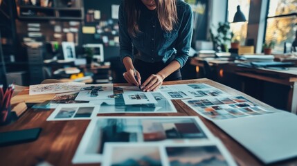 Fototapeta premium A woman is sitting at a desk with a stack of papers