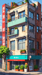 Naklejka premium Vintage Anime Art Rendering of Classic Apartment Building Left Abandoned and Decaying Background Illustration Aesthetic