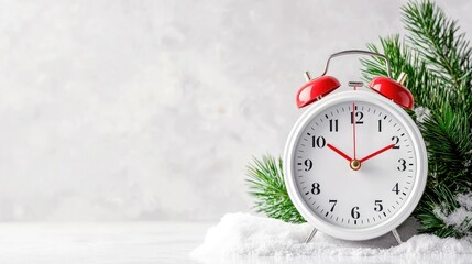 White alarm clock showing midnight, snow, pine branch, winter holiday