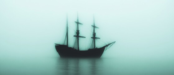 A ghost ship appearing through dense fog.
