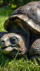 Obraz premium Majestic Aldabra tortoise captured in a breathtaking cinematic wildlife scene surrounded by lush green foliage and soft sunlight