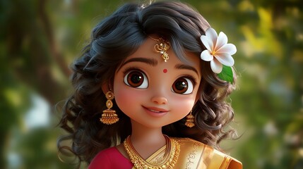 Adorable 3D Render of a Young Indian Girl in Traditional Attire
