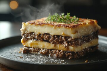 Steaming Moussaka on dark plate, restaurant background, food photography