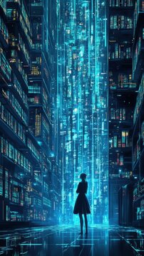 Woman Stands Before a Futuristic Digital Library Cityscape