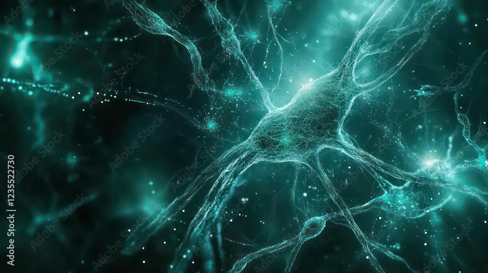 Fototapete microscopic view of a neuron cell with its intricate network of dendrites and axons, glowing teal ag
