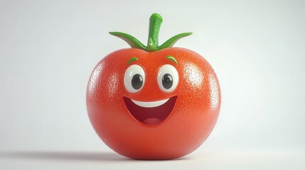 A cheerful cartoon tomato with a big smile and expressive eyes.