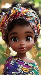 Adorable Digital Portrait of a Young Black Girl in Vibrant African Headwrap and Earrings