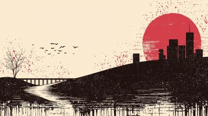 Obraz premium Grunge Cityscape Sunset Birds Bridge Abstract Art