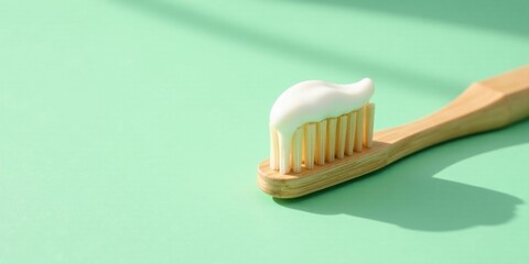 A Bamboo Toothbrush with a Dab of Whitening Paste on a Soft Green Surface in Sunlight
