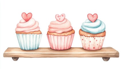 A delightful illustration of three colorful cupcakes adorned with heart-shaped toppers on a wooden serving board, perfect for baking enthusiasts.