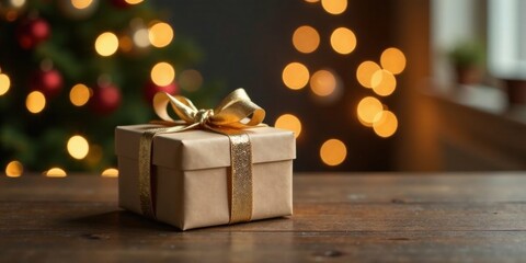 A thoughtfully wrapped gift box with a golden ribbon sits on a rustic wooden surface, illuminated by the warm glow of festive lights from a nearby evergreen tree.