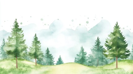 Fototapeta premium A serene landscape featuring lush green trees and misty mountains in the background, capturing the beauty of nature and tranquility.