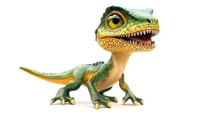 Obraz premium Adorable cartoon baby dinosaur, green and yellow, isolated on white background.