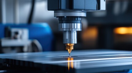 Precision Laser Cutting Machine in Action with Bright Focused Light on Aluminum Metal Sheet