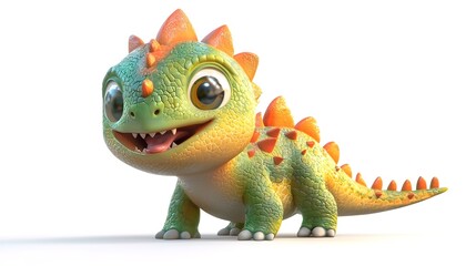 Obraz premium Adorable cartoon baby dragon with green and orange scales, big eyes, and a cheerful expression, isolated on white background.