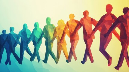 Obraz premium Colorful Polygonal Figures Walking Together In Unity