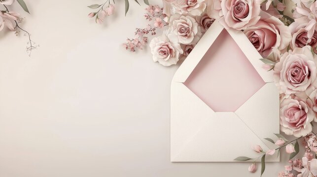A beautifully arranged floral frame with soft pink roses surrounding an elegant envelope, ideal for invitations or romantic messages.