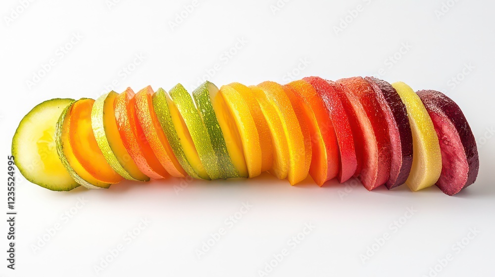 Poster rainbow of vibrant fruit and vegetable slices arranged in a row on white background.