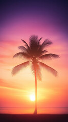 single palm tree silhouetted against vibrant orange sunset sky