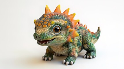 Obraz premium Adorable cartoon dinosaur figurine, green, orange, yellow scales, spikes, happy expression, white background.
