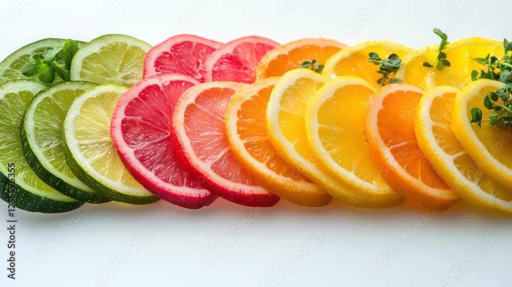 Poster colorful citrus fruit slices arranged in a row on white background.