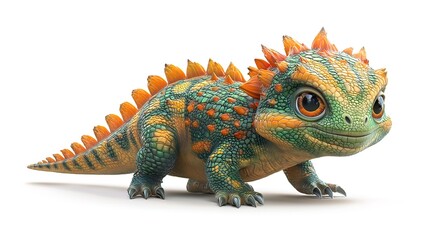 Fototapeta premium Adorable cartoon lizard with orange and green scales, walking towards the viewer.