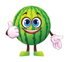 Fototapeta premium Cute watermelon character giving a thumbs up with smile, showing approval. Vector cartoon illustration