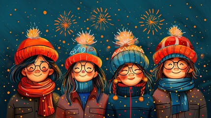Fototapeta premium flat design, illustration, The New Year’s Wish A group of friends makes resolutions that change their lives. Illustration: Fireworks, a journal with resolutions