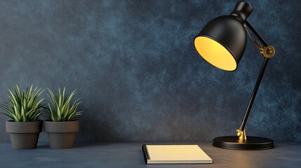 Cozy workspace with a stylish lamp illuminating a blank notebook beside potted plants against a textured wall