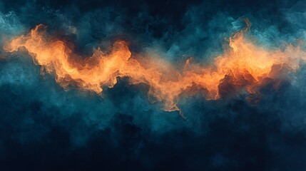 Fototapeta premium Fiery orange streaks dramatically contrast deep teal smoke clouds creating a powerful abstract image. AI Generated