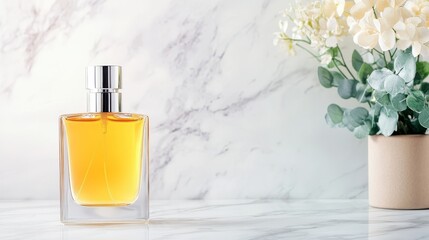 Elegant perfume bottle on a marble surface with soft floral arrangement in the background