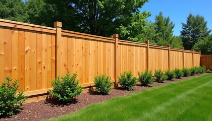 Long, new wooden fence with green lawn and lush foliage background in summer day