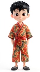 Adorable 3D Render of a Young Boy in Traditional Chinese Dragon-Embroidered Clothing