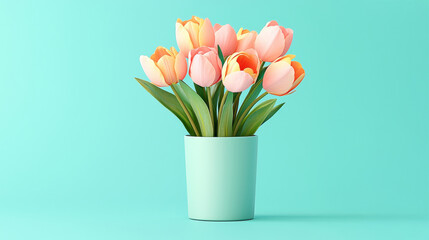 Obraz premium Peach Tulips in Teal Vase: A delicate bouquet of peach-colored tulips arranged in a light teal vase against a soft aqua background. The image evokes feelings of springtime freshness and serenity.