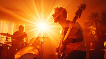 Rock and Roll Sun: A guitarist rocks out on stage, bathed in the intense glare of spotlights, capturing the energy and passion of live music.