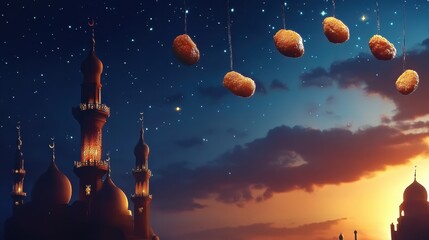 Naklejka premium Burning candle lamp glowing at night mosque background. Ornamental arabic lantern wallpaper suitable for muslim festive ramadan, eid greeting invitation