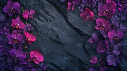 Purple orchids frame dark stone; spa, beauty