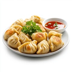 Freshly Steamed Dumplings with Spicy Sauce on Plate Garnished with Green Herbs
