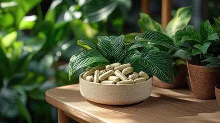 Herbal capsules in bowl with plants.