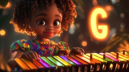Adorable Animated Black Girl Playing Colorful Xylophone with G Letter in Background