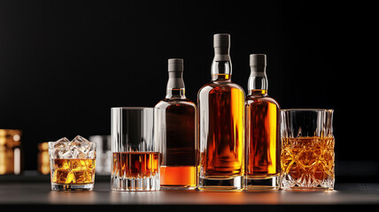 Whiskey on the Rocks: A captivating still life showcasing three amber bottles of premium whiskey alongside crystal glasses filled with the amber liquid, invitingly displayed on a dark background.